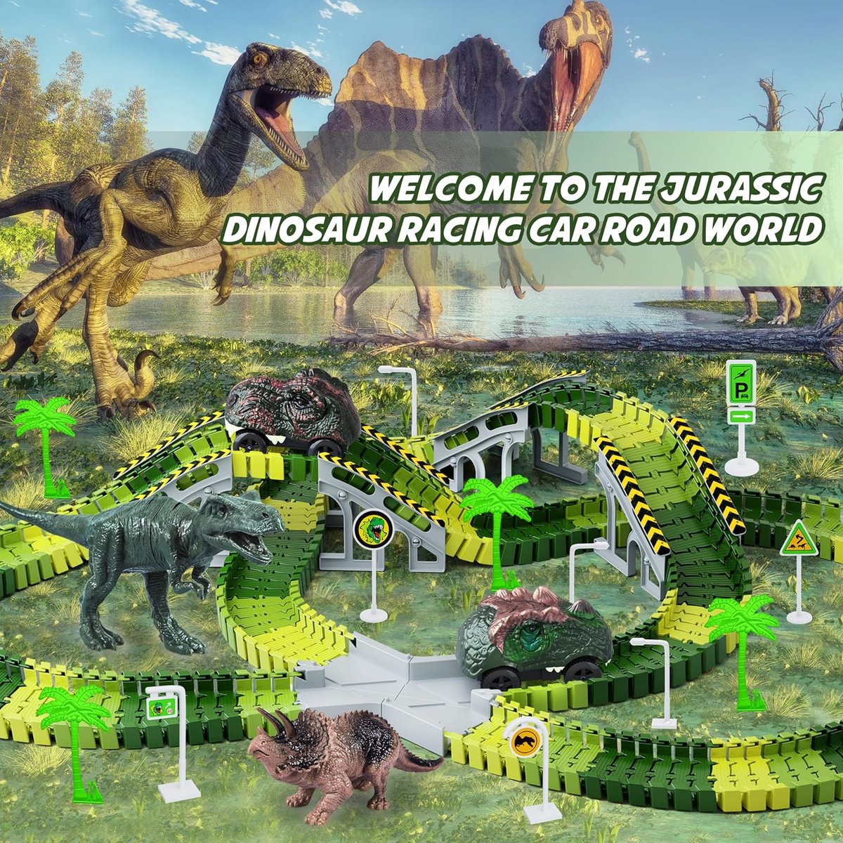Montzys® Dinosaurus Racebaan - 252 Delige Autobaan - Dino Speelgoed Elektrisch - Flexibele Auto Racetrack - Sinterklaas & Kerst Cadeau Voor Kinderen — afbeelding 5