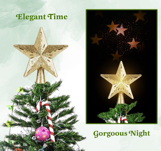 KMQRDZi Kerstboomversiering, kerstboompiek met 10 leds met stroomstekker, 16 x 16 cm, lichtgevende kerstboompentagram, kerstboom, ster, top, piek, wit licht, 23 x 23 cm