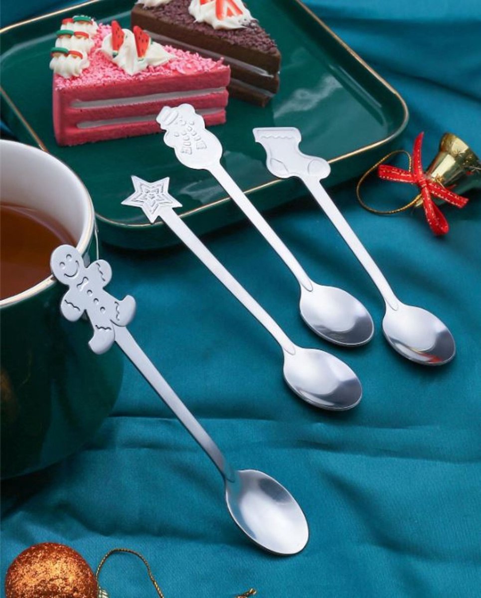 Theelepeltjes Kerst - Set van 4 - Lepels - Lepeltjes - Koffie - Thee - Kerst - Zilver