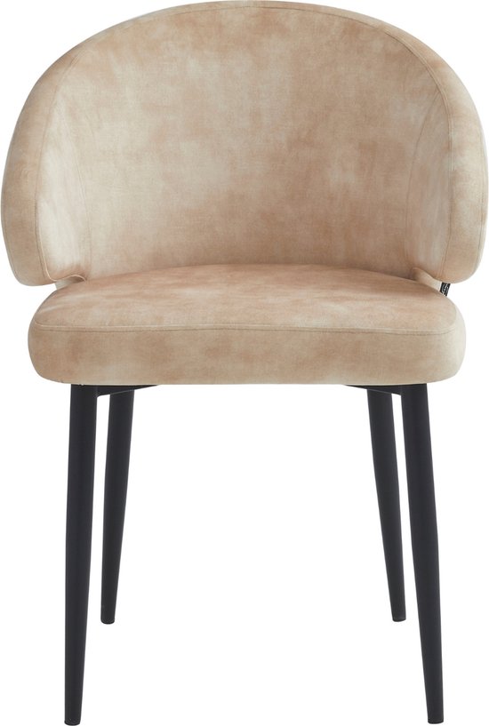 Chaise de salle à manger beige clair avec dossier arrondi et pieds noirs, vue de face.