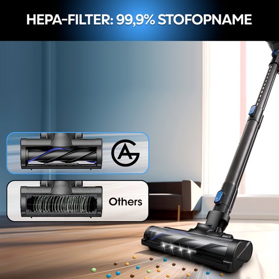 Draadloze steelstofzuiger met opzetstukken voor een HEPA-filter en een metalen filter.