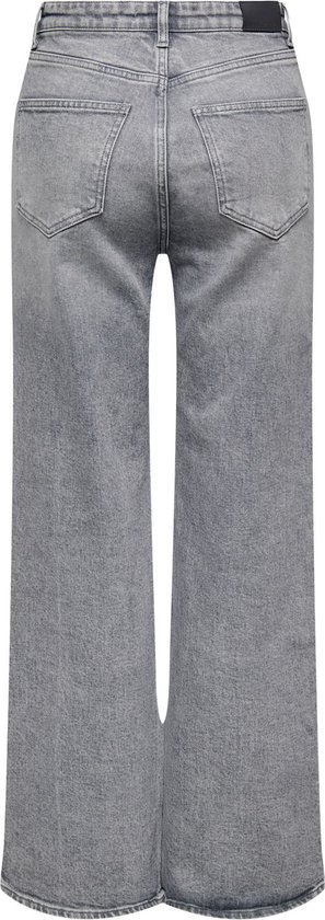 Achterkant van een grijze jeans met wijde pijpen en hoge taille op een witte achtergrond.