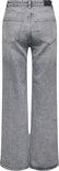 Achterkant van een grijze jeans met wijde pijpen en hoge taille op een witte achtergrond.
