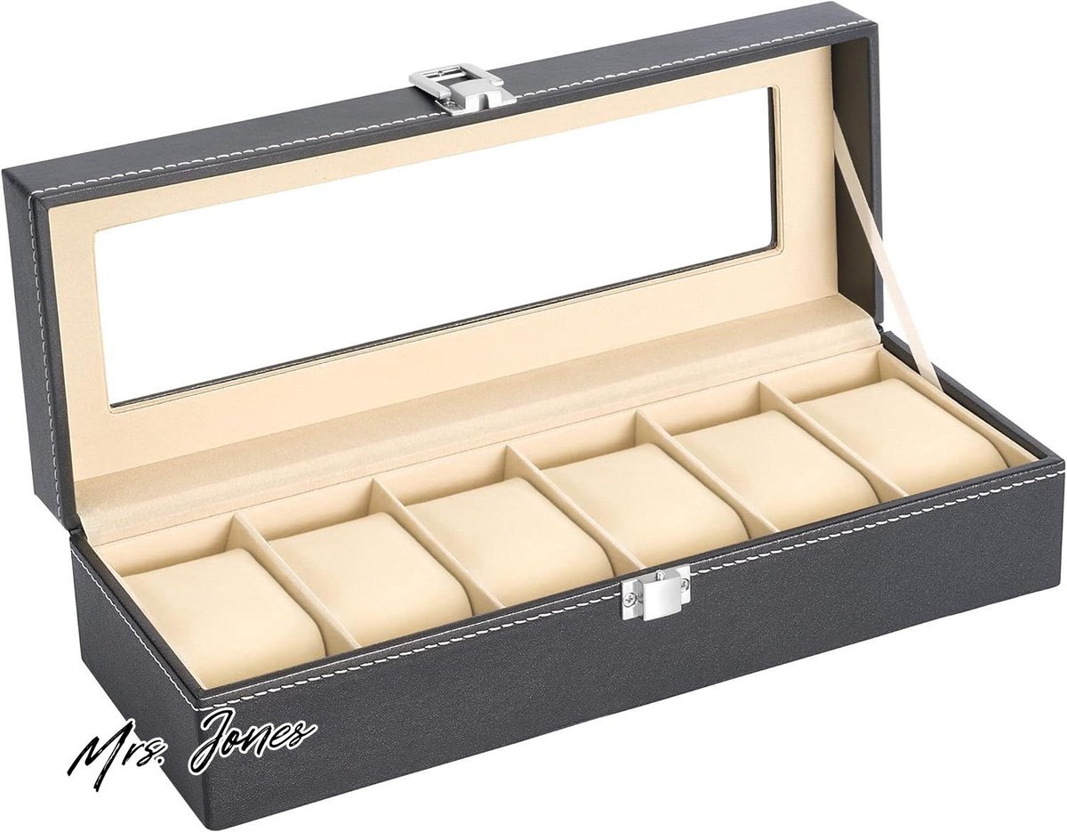 Mrs. Jones Horlogeopbergdoos van PU-leer met glazen deksel met lade - Luxe horloge organizer .