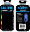 Emballage pour indicateur de niveau de gaz avec une échelle de couleurs du vert au rouge, et une bouteille de gaz bleue.