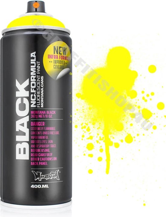 Montana BLACK spuitbus in Infra Yellow, 400ml, met een spetter van gele verf ernaast.