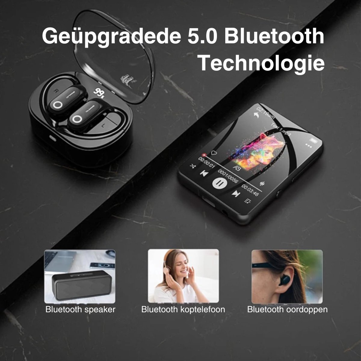 Lecteur MP3 Bluetooth Avec Boîtier Métallique - Écran 2,4" Courbé, Mémoire 32Go (Extensible 128Go), Haut-Parleur, Radio FM, Enregistrement - Autonomie 48h - 7