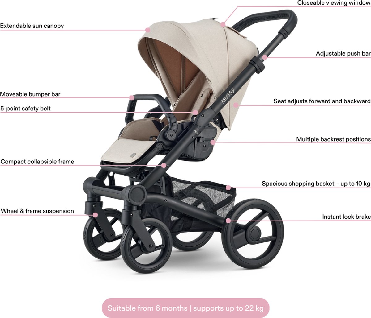 Mutsy Nio Kinderwagen Lichtgewicht Opvouwsysteem Cosmic Sand - afbeelding 3