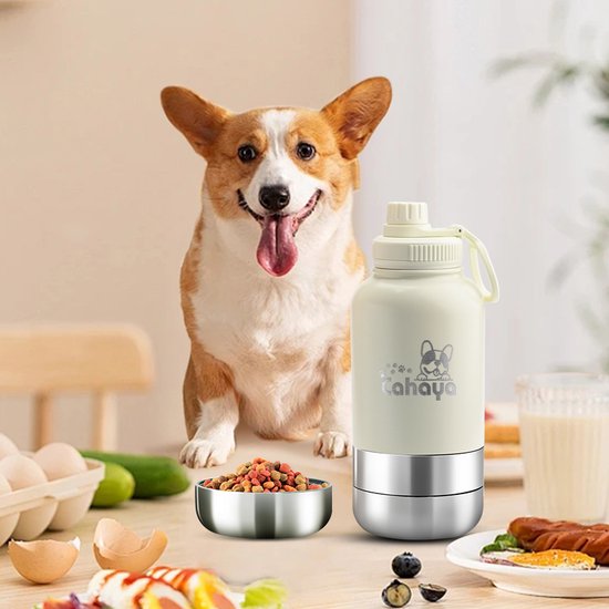 Cahaya - Thermosfles hond - Beige - Draagbare voer en waterbak voor honden - Drinkfles voerbak voor huisdieren - Drinkfles hond - water & voerbak voor onderweg - Waterfles 950 ml - Draagbare waterfles & voerbak honden