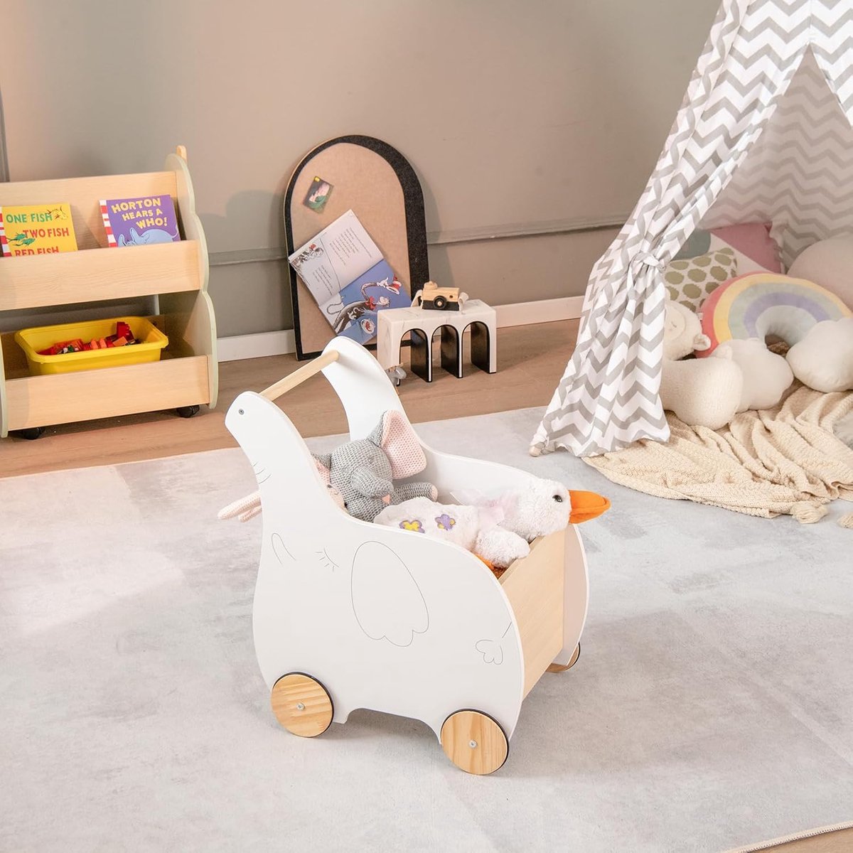Image of 2-in-1 Houten Loopwagen met Opbergruimte, Speelgoedkist, Loopwagen, Loopwagen, Baby Duw-Trek Speelgoed, Loopwagen voor Baby's, Jongens en Meisjes (Wit - Olifant)
