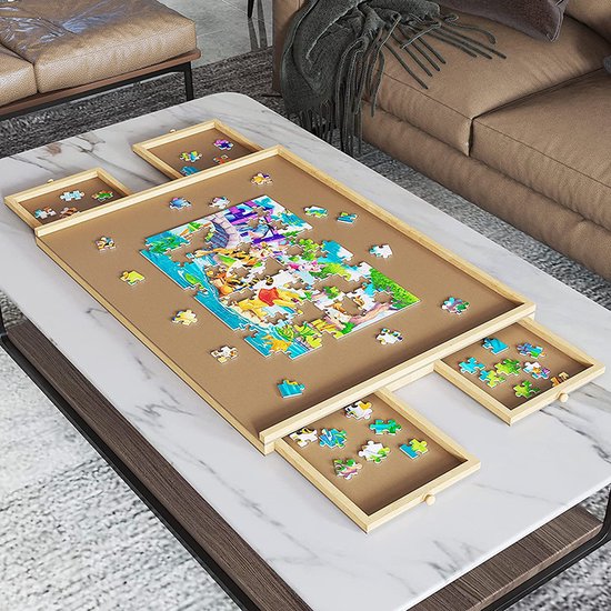 FlinQ Puzzelbord met Opbergsysteem - Puzzelplaat met Bescherming - 6 Lades en Sorteerbakjes voor 1000 stukjes - Puzzelmat van Hout - Puzzel tafel - Portapuzzel - BCC.nl