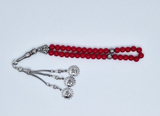 Tesbih "tasbih" fait main en pierre naturelle "Corail sanguin" - Nombre de perles 33 - Diamètre perles 8 MM - avec pompon en métal "modèle 3" - Une belle idée cadeau