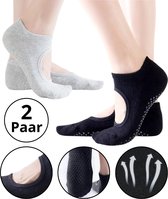 Malinsi® 2-Pack Yoga Sokken Antislip Dames - Pilates Yogasokken - Ballerina Pilatessokken - Ballerinas Open - Zwart & Grijs - Ballet