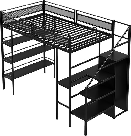 Kinderhoogslaper - 90 X 200 Cm - Ijzeren Structuur - Met Bureau 4 Lades Leds Metaal Zwart