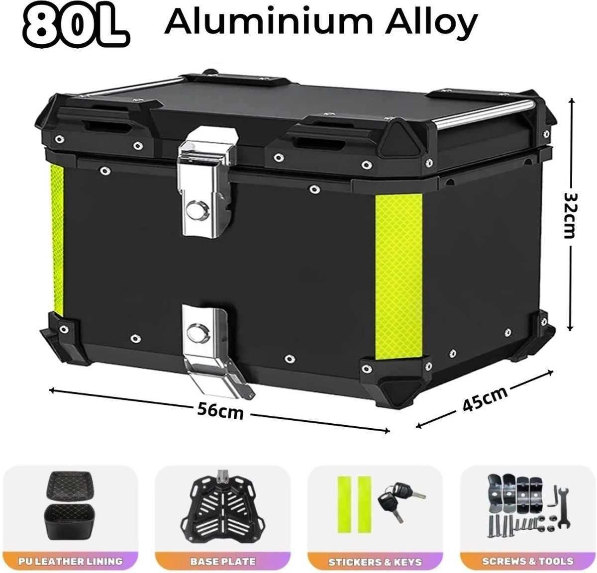 80L Aluminium Motorfiets Topkoffer - Zwart - Robuuste Opbergruimte voor Helm en Accessoires