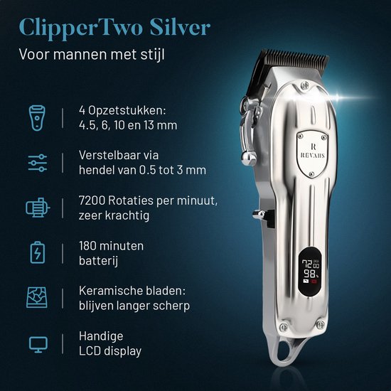 Zilveren tondeuse Clipper Two met specificaties: 4 opzetstukken, verstelbare hendel, 7200 RPM, 180 min batterij, keramische messen, LCD.