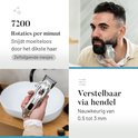 Tondeuse met 7200 rotaties per minuut, zelf slijpende mesjes en verstelbare hendel van 0.5 tot 3 mm.