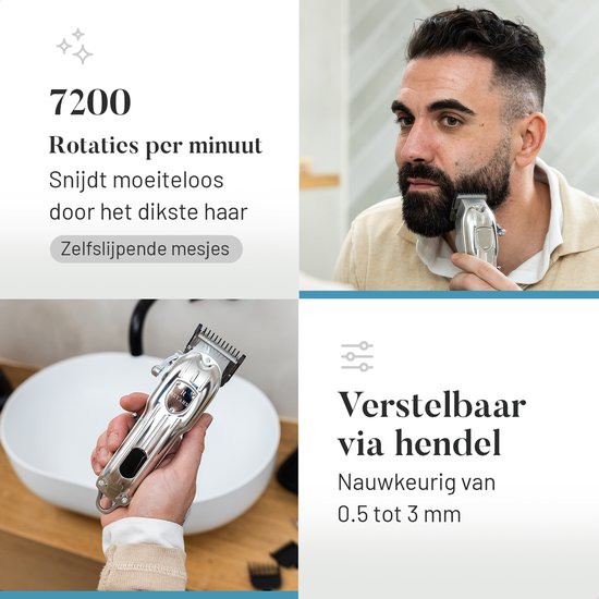 Tondeuse met 7200 rotaties per minuut, zelf slijpende mesjes en verstelbare hendel van 0.5 tot 3 mm.