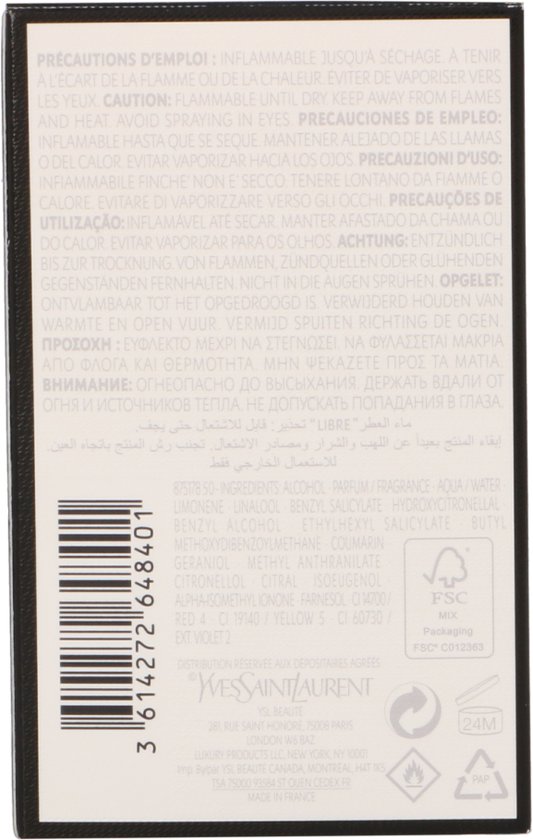 Achterkant doos YSL Libre Eau de Parfum damesparfum met ingrediënten en barcode.