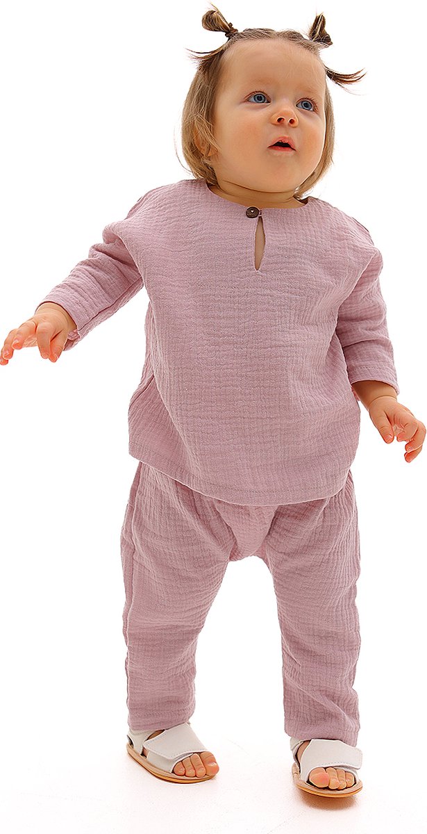 RobyKris Baby Shirt - Katoenen mousseline - Poederroze - Maat 74-80