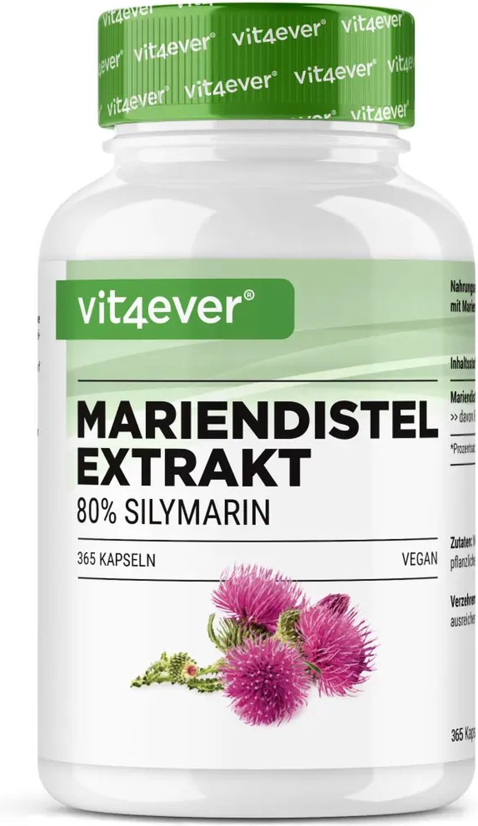 Vit4ever - Mariadistelextract 365 capsules met elk 500 mg - 80% Silymarinegehalte - 6 maanden levering - Laboratoriumonderzoek (gehalte aan werkzame stoffen & zuiverheid) - Hoog gedoseerd - Veganistisch