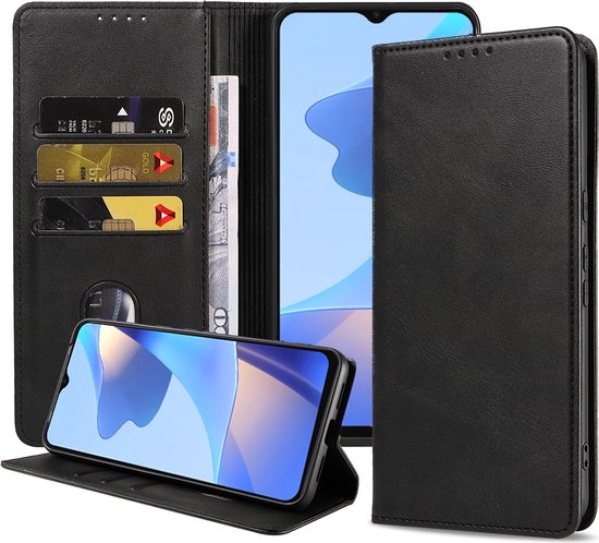 Étui de téléphone noir en similicuir avec trois fentes pour cartes et une poche pour billets. L'étui est fermé et montre un téléphone.