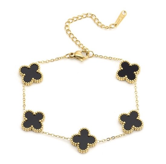 Estacks - Bracelet de Luxe - Bracelet trèfle doré - bracelet femme or - Trèfle noir 5 pièces -
