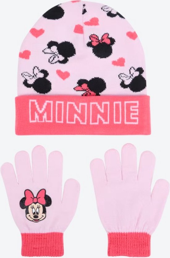 Bonnet rose avec des cœurs et des imprimés Minnie Mouse. La bande porte le mot 'MINNIE'. Gants roses assortis avec le visage de Minnie Mouse.