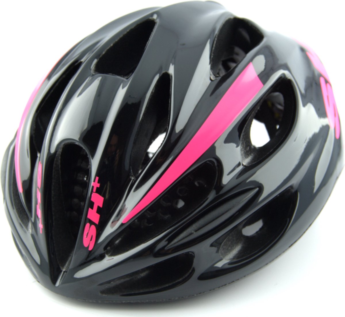 SH+ Fietshelm - SHAKE JUMP - Unisex - Lichtgewicht 220 gram - 15 Ventilatiegaten - Gemaakt in Italië - Voor een hoofdomtrek van 53 tot en met 56 CM - Zwart Fluor roze