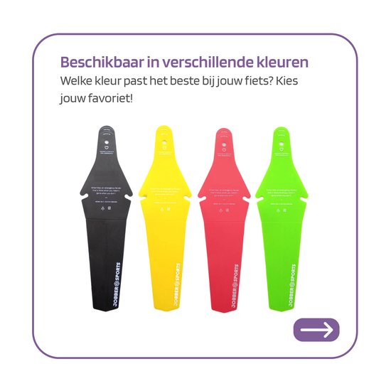 Vier opvouwbare fietsspatborden in zwart, geel, rood en groen, elk met "JOBBER SPORTS" logo.