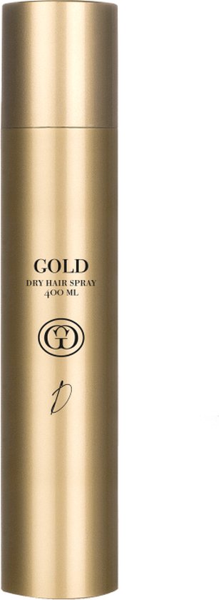 Gouden spuitbus met 'GOLD DRY HAIR SPRAY 400 ML' opdruk.