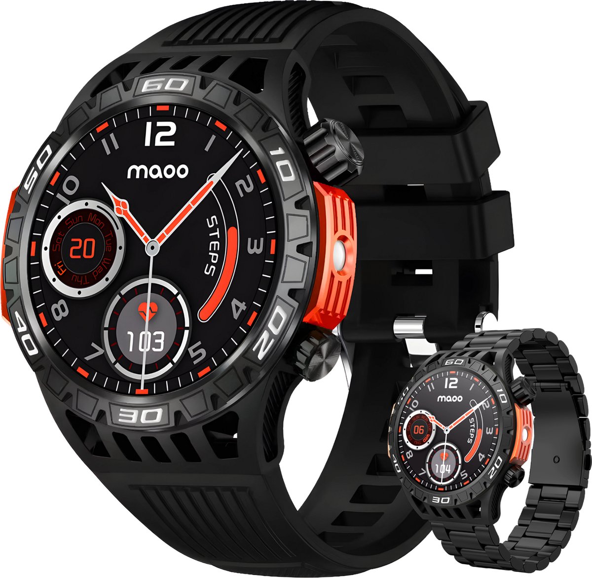 Maoo Explorer Outdoor Smartwatch Heren - Stainless Steel en TPU bandje - Intern Kompas - Zaklamp - Stappenteller - Hartslagmeter - Slaapmonitor - Multisport - Geschikt voor Android en iOS - Zwart