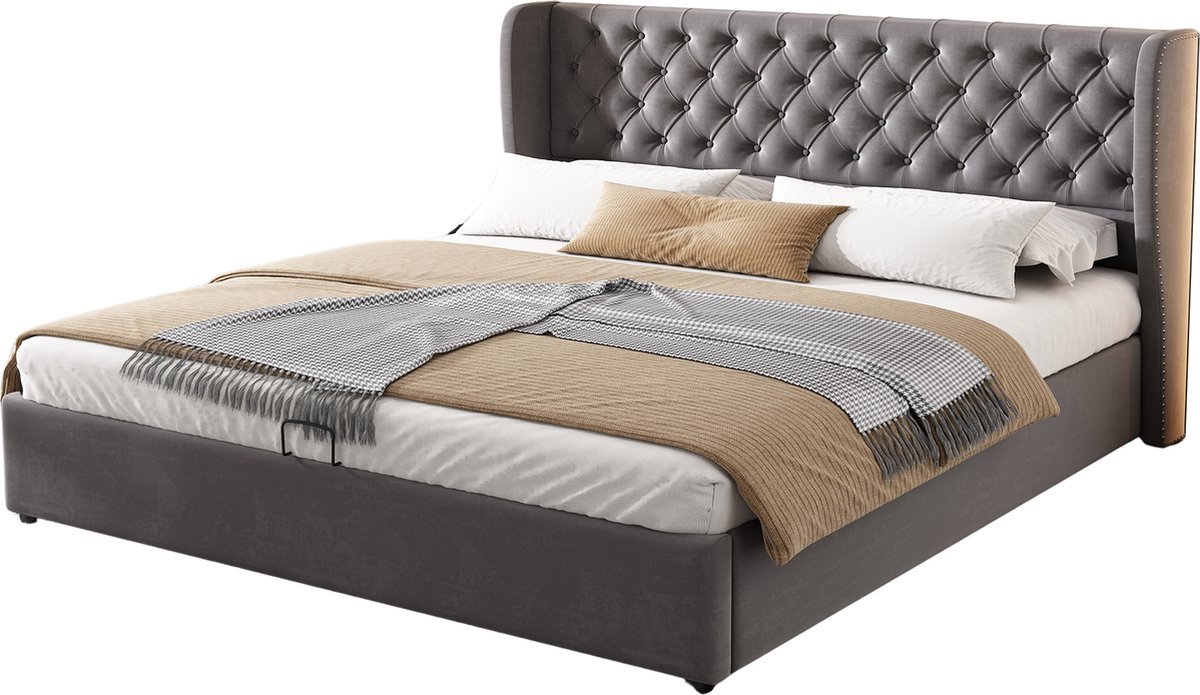 Merax Gestoffeerd Bed 180x200 cm in Chesterfield Stijl - Functiebed met Opbergruimte - Hydraulische Lift en Lattenbodem - Samtstof - Grijs