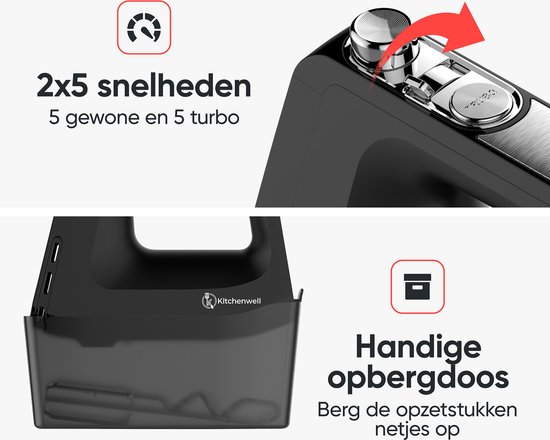 Kitchenwell Handmixer - 5-snelheden - 450W - Turbo & Puls functie - Deeghaken - Kloppers & Garde - Opberghouder - Zwart van Kitchenwell — afbeelding 2