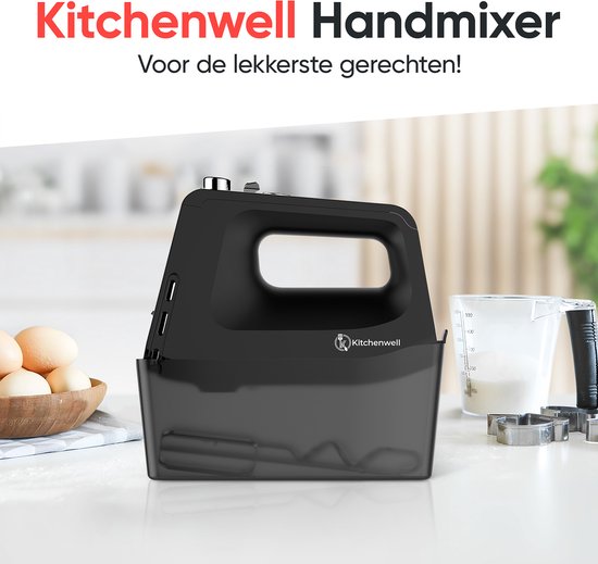Kitchenwell Handmixer - 5-snelheden - 450W - Turbo & Puls functie - Deeghaken - Kloppers & Garde - Opberghouder - Zwart van Kitchenwell — afbeelding 3