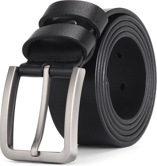 Ceinture en cuir noir avec une boucle métallique brossée et des passants.