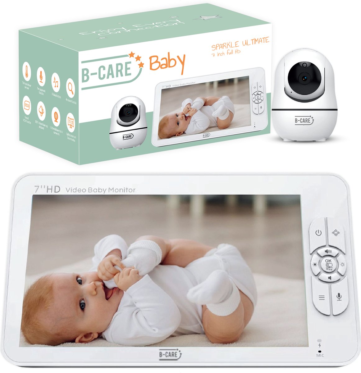 Afbeelding 2 van B-Care Sparkle Ultimate - Babyfoon Met Camera - 7.0 Inch HD Baby Monitor - Uitbreidbaar Tot 4 Camera's - Zonder Wifi en App