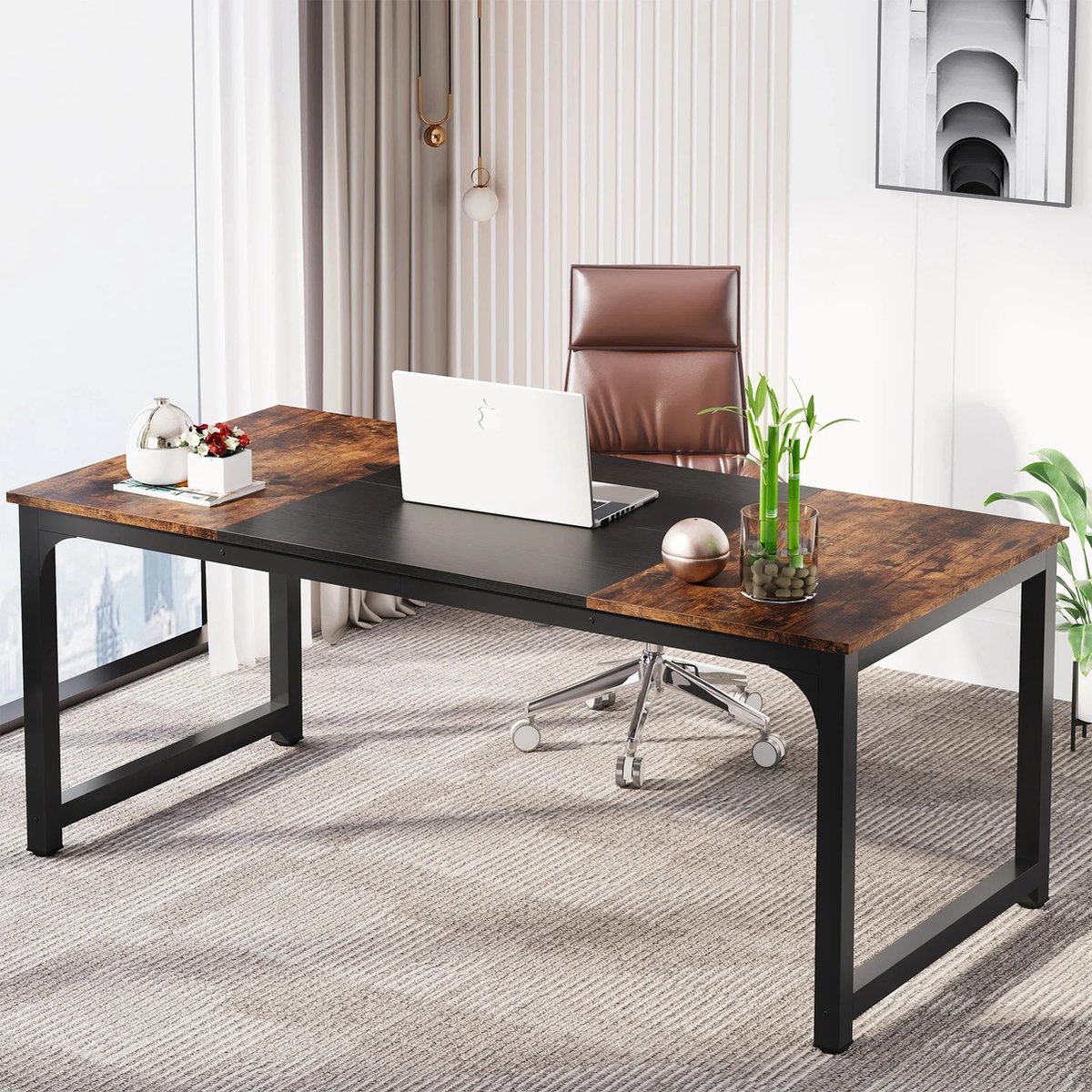 Mygroot - Stijlvol Tribesigns bureau - Schrijftafel/Bureau - Computertafel met Metalen Frame - Werktafel in Rustieke Houtlook - Vintage Look - Zwart/Bruin