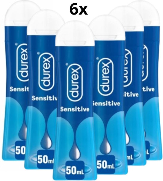 Zes Durex Sensitive glijmiddel flessen van 50ml met witte doppen en blauwe etiketten met "durex" logo en druppelafbeelding.