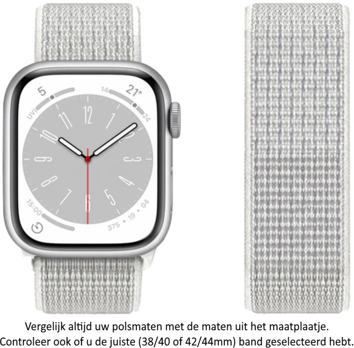 Witte Nylon Horloge Band geschikt voor Apple Watch 1, 2, 3, 4, 5, 6, 7, 8, 9, SE, 42mm, 44mm 45mm "Mannenbreedte" Series - Zacht Geweven Nylon - 42 mm, 44 mm en 45 mm - white - Maat: zie maatfoto