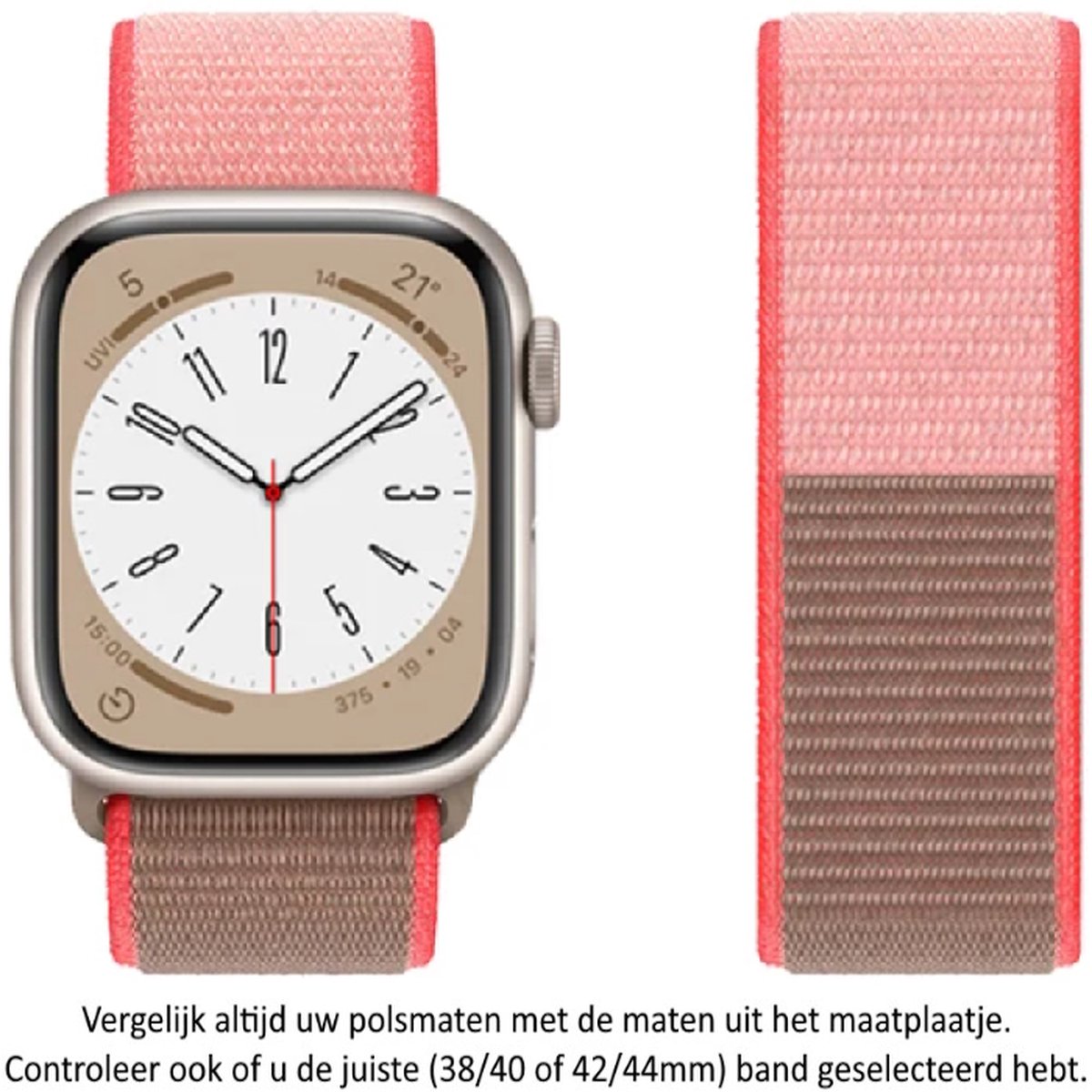 Beige - Bruin - Grijs - Neonroze Nylon Horloge Band geschikt voor Apple Watch 1, 2, 3, 4, 5, 6, 7, 8, 9, SE, 42mm, 44mm 45mm "Mannenbreedte" Series Zacht Geweven Nylon 42 mm, 44 mm en 45 mm - maat: zie maatfoto