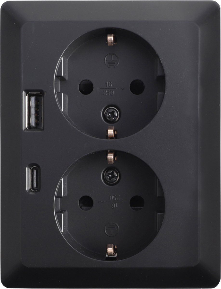 ION Industries E1 contactdoos inbouw - 2-voudig - randaarde - USB A/C - mat zwart