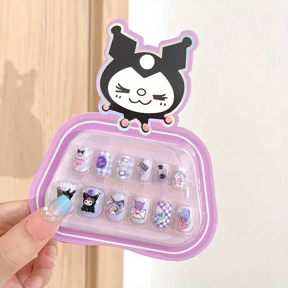 Goedkoopste Almas Sanrio 12 stuks Kids druk op nagels Kuromi - Kuromi kinderen Nepnagels - 3D nepnagels Kids - Paars