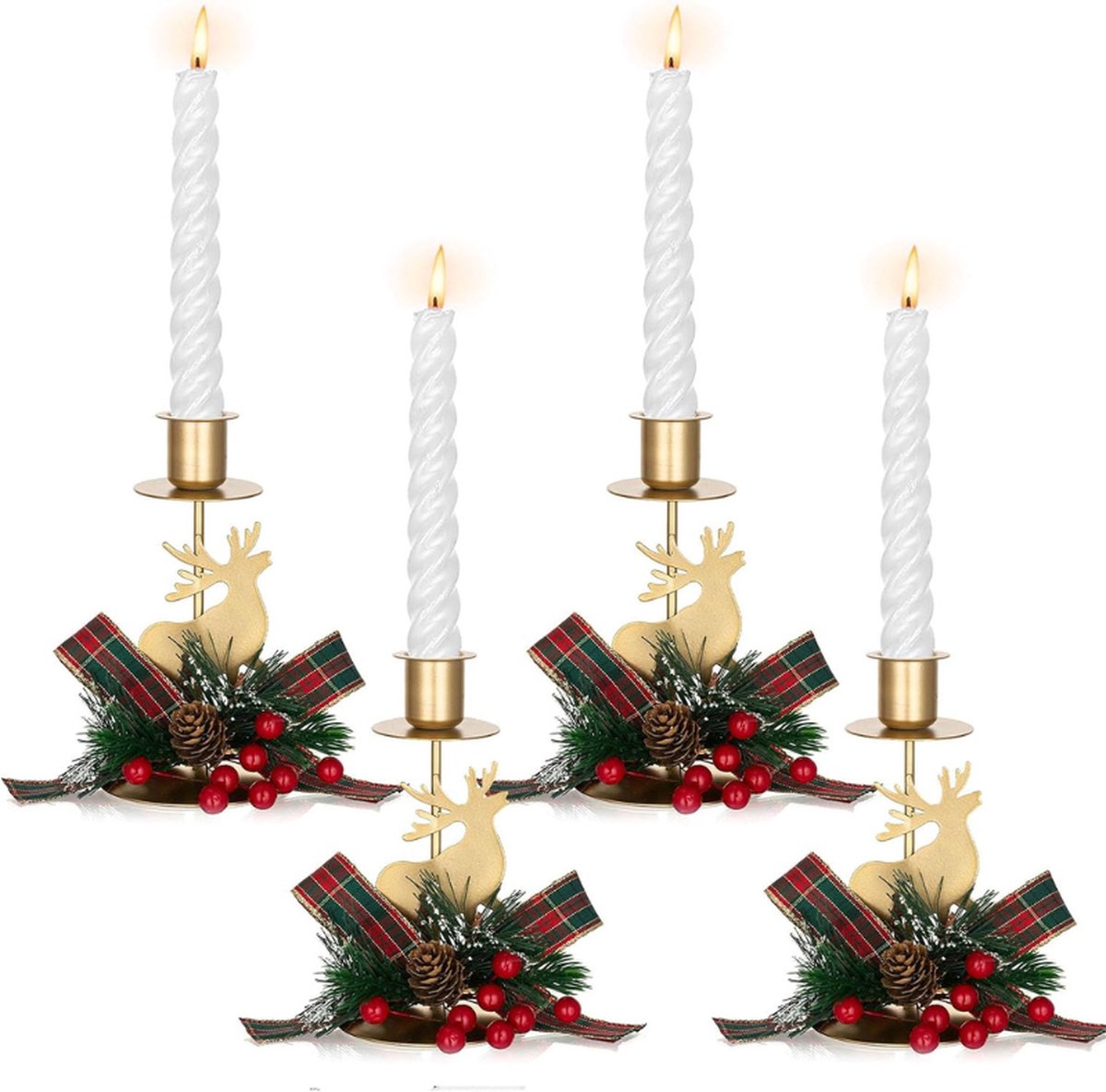 Kandelaar Set met Kerstboog Decor Gouden Kaarsenhouders Set van 4 Decoratieve Herten Kandelaren als Centerpieces voor Kersttafel en Haarddecoratie
