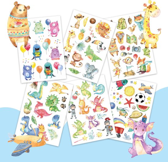 Verschillende vellen met kinder tattoos: dieren zoals beren, giraffen, leeuwen, en monsters, draken, ridders en voertuigen.