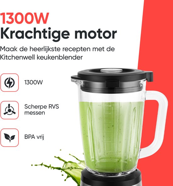 Krachtige 1300W blender met glazen kan vol met groene smoothie.