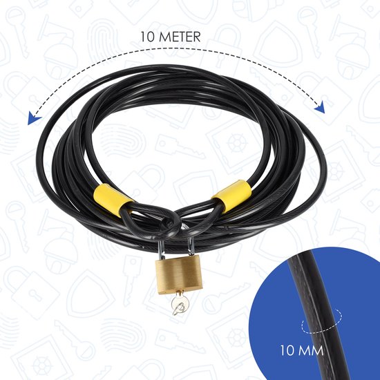 Terraskabel Kabelslot 10 Meter - Fietsslot Hangslot voor Ultieme Beveiliging: Lang Kabelslot met Messing Hangslot, Infokaart en 2 Sleutels — afbeelding 4
