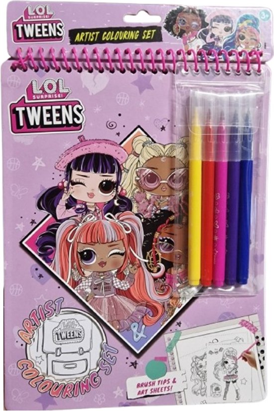 LOL Surprise Tweens Artist Colouring Set met 4 viltstiften: geel, rood, paars en blauw. Meisjes met diverse kapsels en outfits.