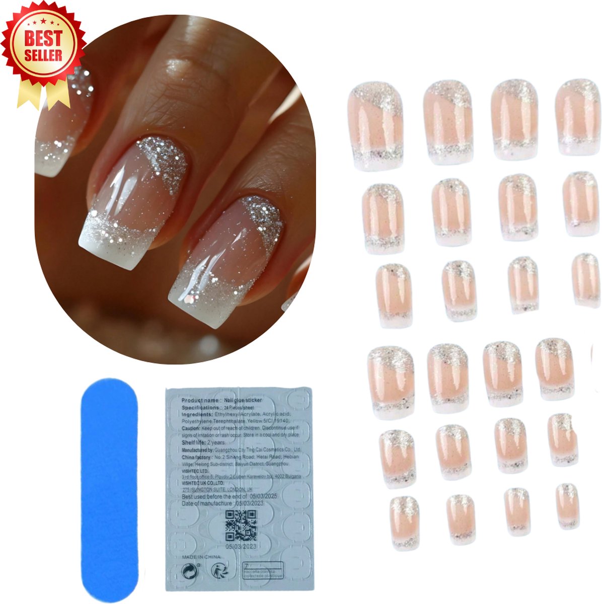 Goedkoopste GUAPÀ® Plaknagels | 24 stuks valse nagels | Press On Nails | Zelfklevende Plaknagels | Nepnagels | Kunstnagels | Compleet plaknagels starterspakket | Nagels stickers | Kerst Nagels | 24 stuks plaknagels French Manicure Glitter Nail Art