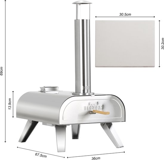 BIGHORN Pizza Pellet Oven - Pizza oven voor Buiten - Pizzaoven Draagbaar - Opvouwbaar - RVS - 15KG - 460°